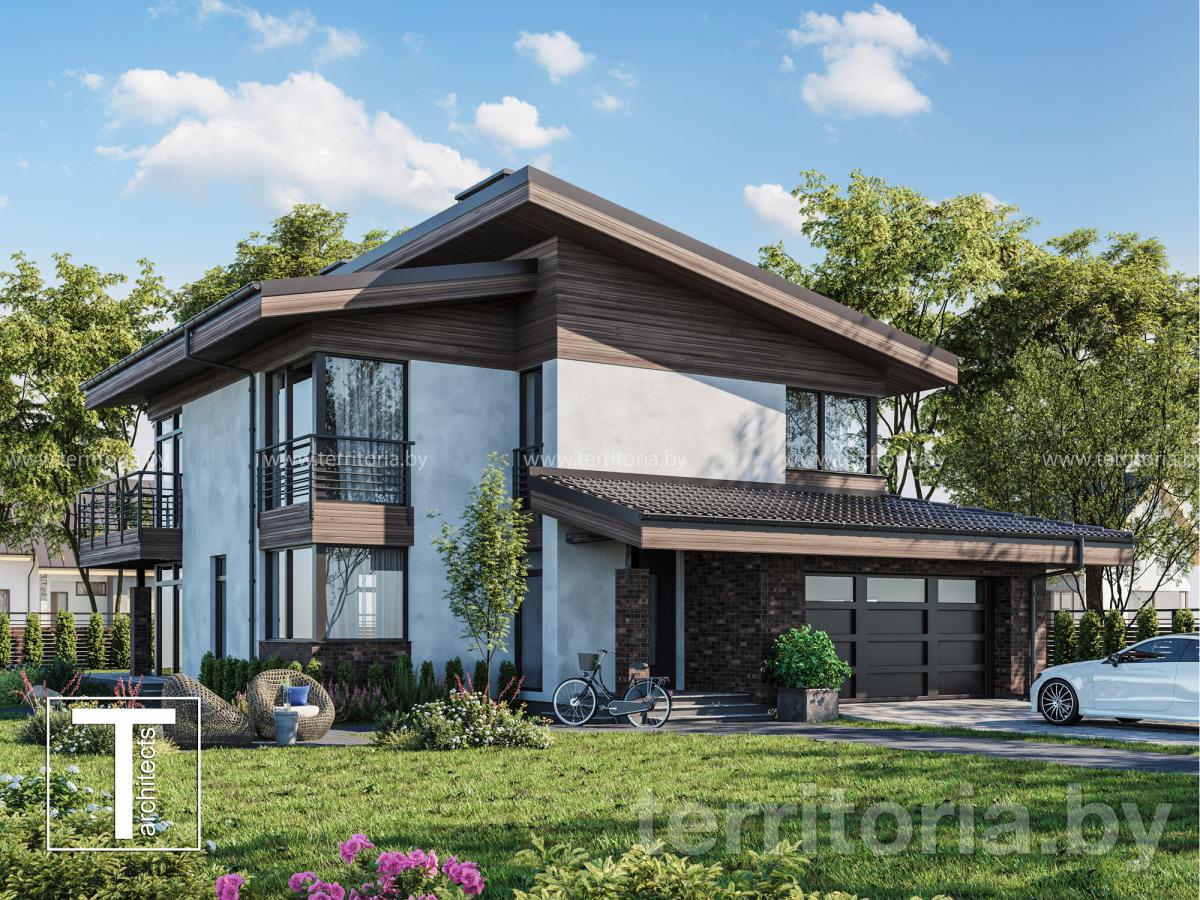 Проект двухэтажного дома с гаражом и балконом в скандинавском стиле NORD  купить в Минске на Territoria.by